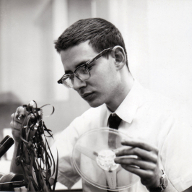Henry Fogel editing tape at WONO, 1963 or 1964, Syracuse, NY.
